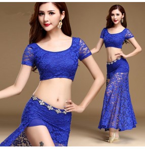 Royal blue fuchsia hot pink black lace short sleeves side split women's ladies sexy indian dancing performance competition belly dance costumes long length dresses outfits